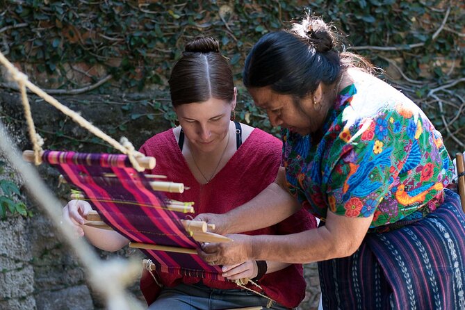 Two Hours Private Backstrap Weaving Workshop in Antigua - Sitting down at the backstrap loom